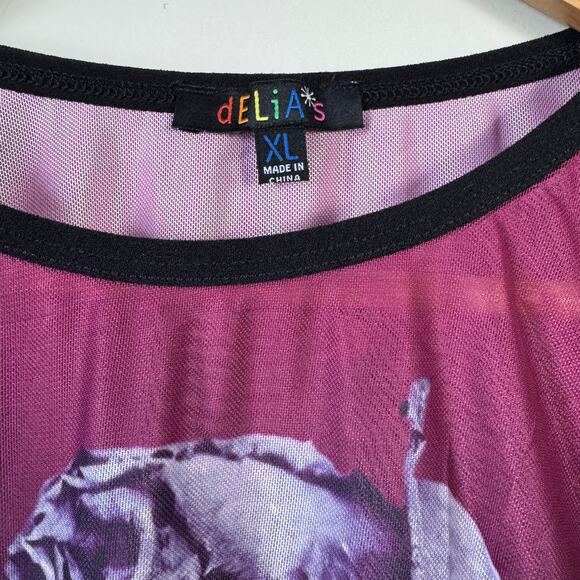 Delias Rose Mesh Crop Top Women's Size XL Black Purple Long Sleeve Y2K Rave - Picture 3 of 5